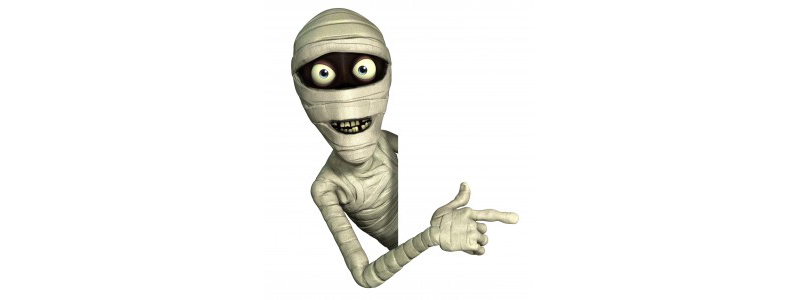 cartoon of a mummy pointing to the right